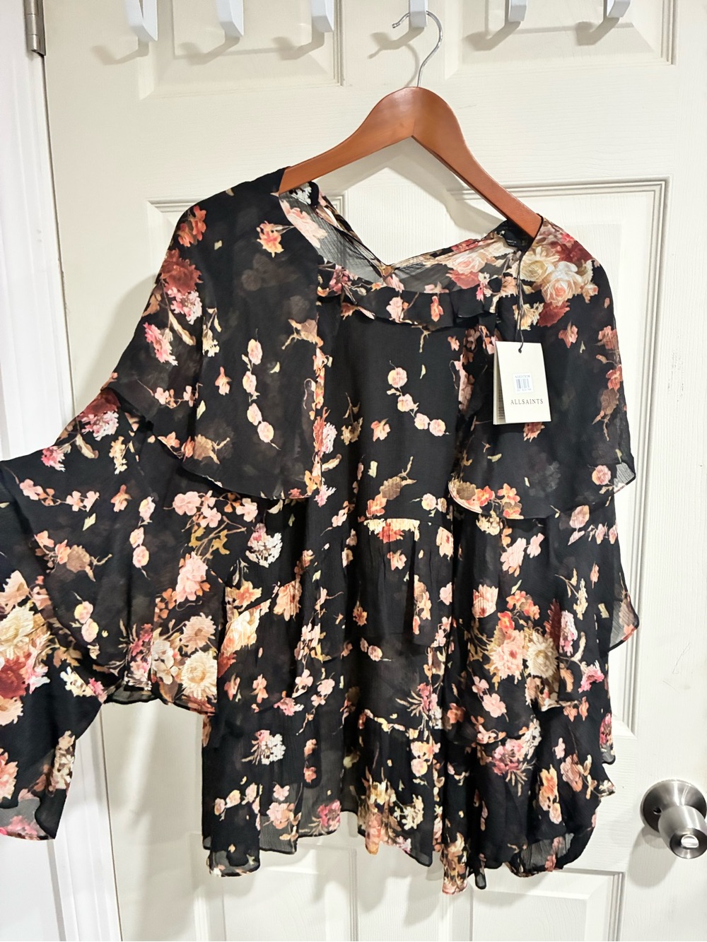 AllSaints Black Floral Ruffle Blouse - Picture 2 of 6